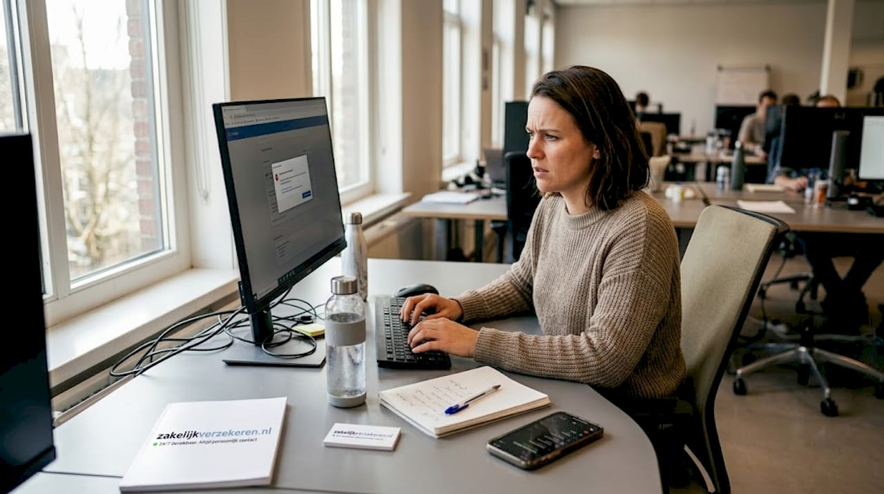 Een mkb-ondernemer bekijkt op kantoor of zijn cyberverzekering nog up-to-date is.