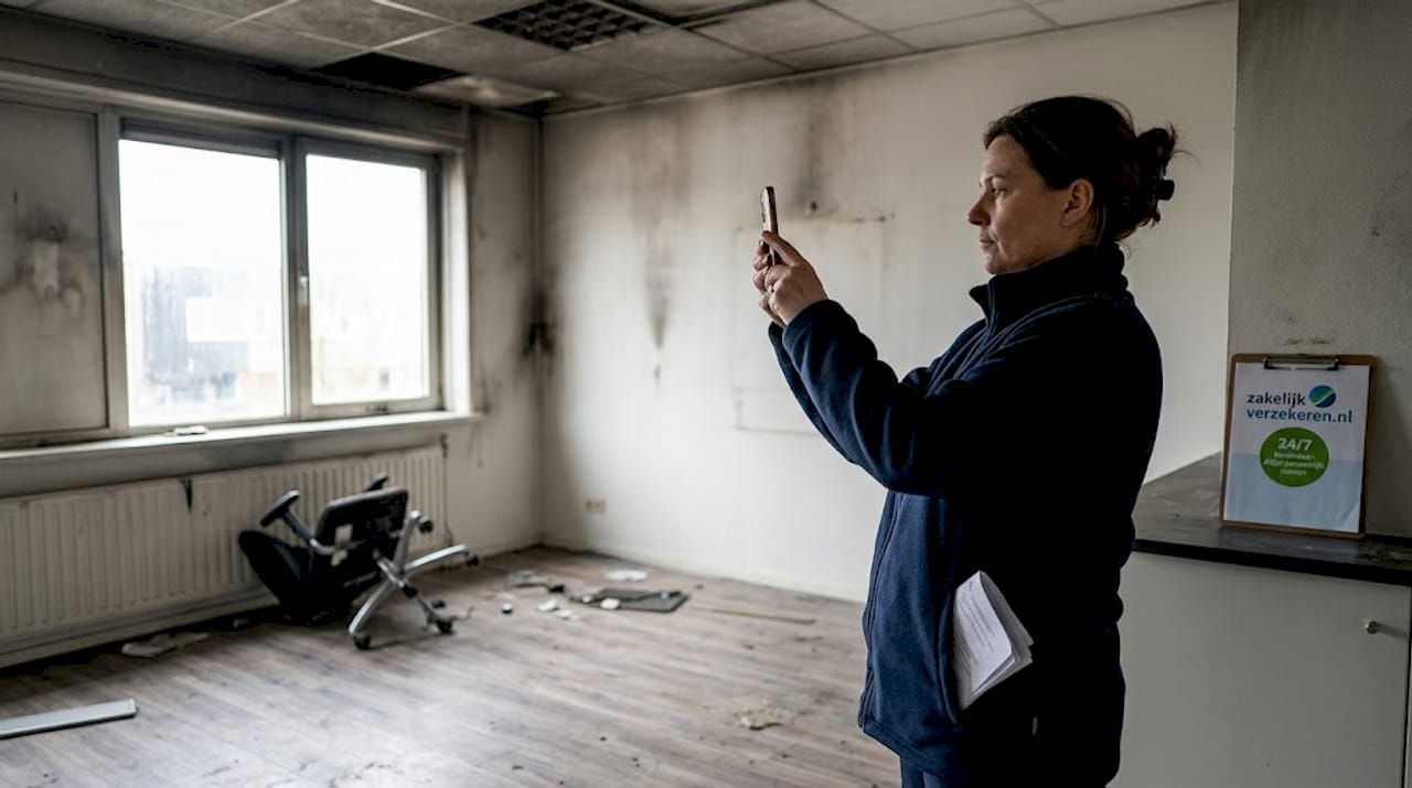 De gebouwbeheerder loopt het kantoor na op brandschade.