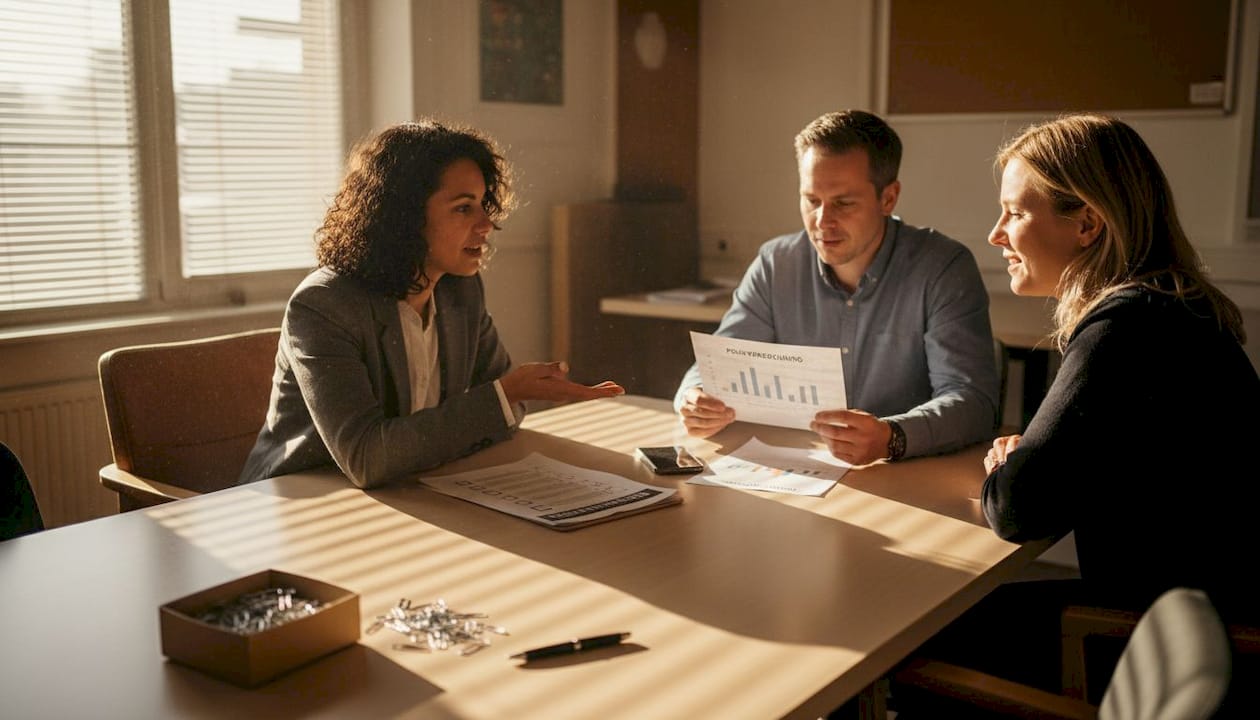 Bespreking van polisopties tijdens het teamoverleg op kantoor