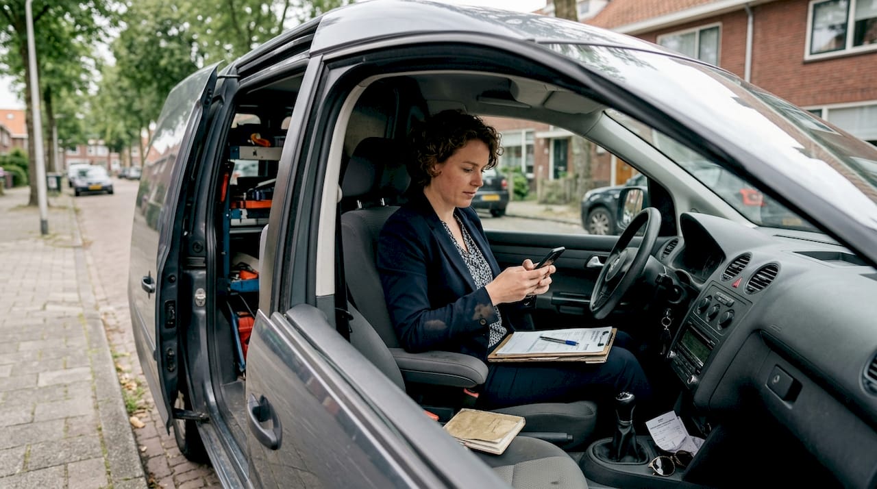 Zakenvrouw bekijkt polis van haar bedrijfsauto terwijl ze in de bestelbus zit