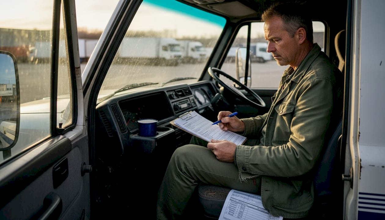 Een vrachtwagenchauffeur bekijkt zijn verzekeringspapieren in de cabine.