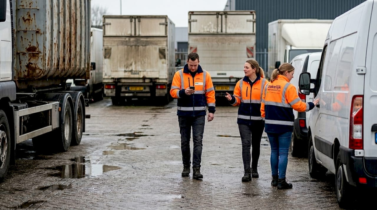 Het team voert op het terrein een controle uit van alle bedrijfswagens.