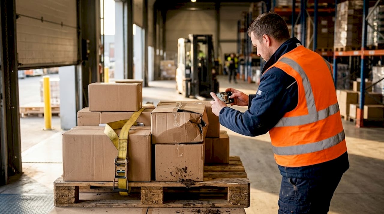 Een medewerker bekijkt de schade aan de vervoerde goederen zorgvuldig.