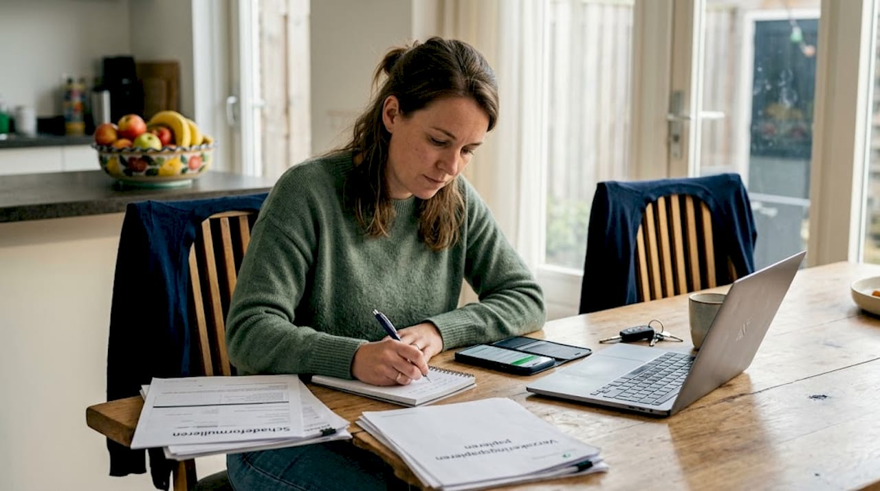 Vrouw zet schadevrije jaren op een rijtje aan de keukentafel