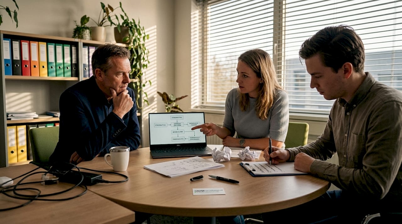 Het team bespreekt hoe we de continuïteit van het bedrijf kunnen waarborgen bij mogelijke risico’s.
