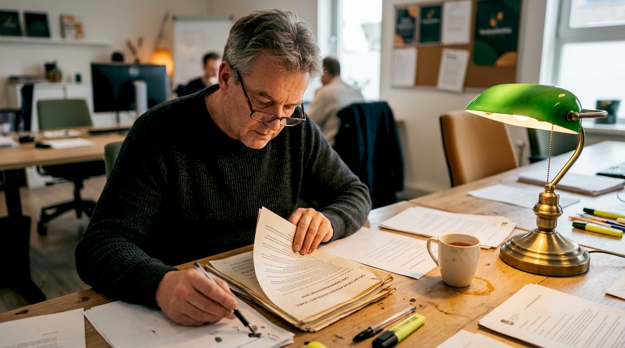 Een medewerker verdiept zich aan zijn bureau in de cao-documenten.