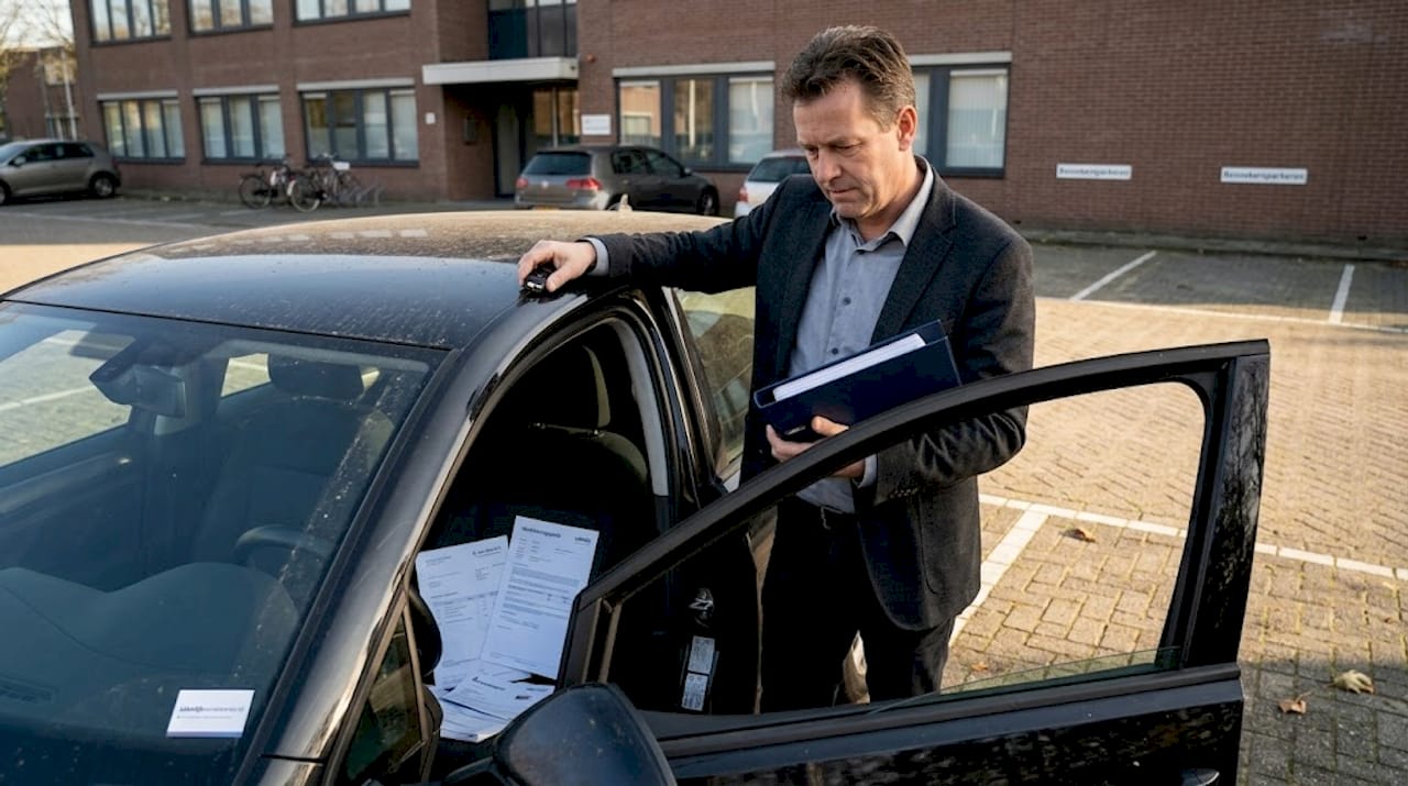 Man bekijkt documenten naast zijn bedrijfsauto