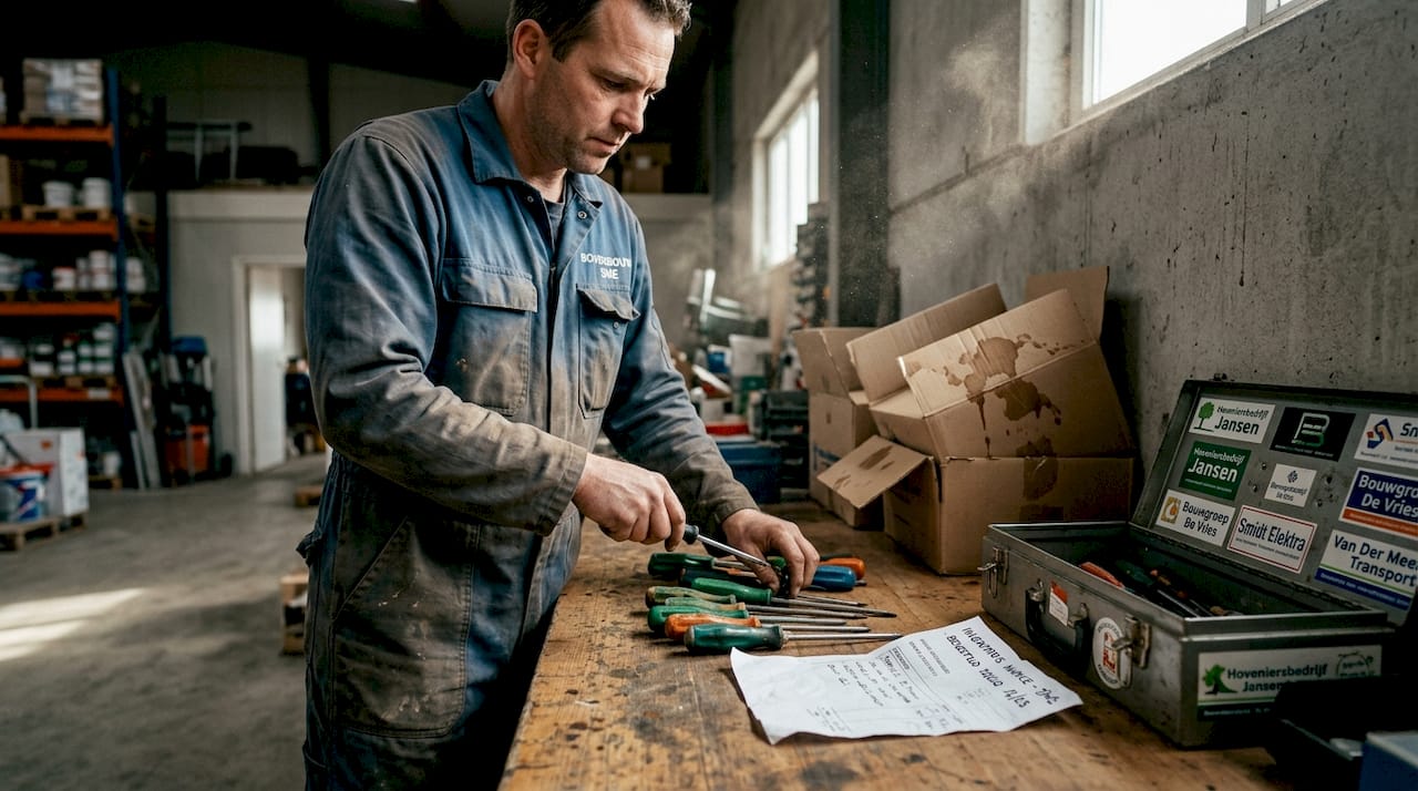 De aannemer loopt zijn gereedschap na en zorgt dat alles netjes op orde is voor de inventarisatie.