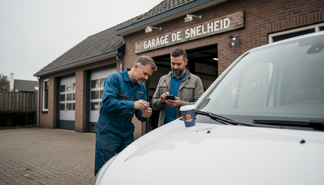 Ruitreparatie aan bedrijfswagen terwijl ondernemer aanwezig is