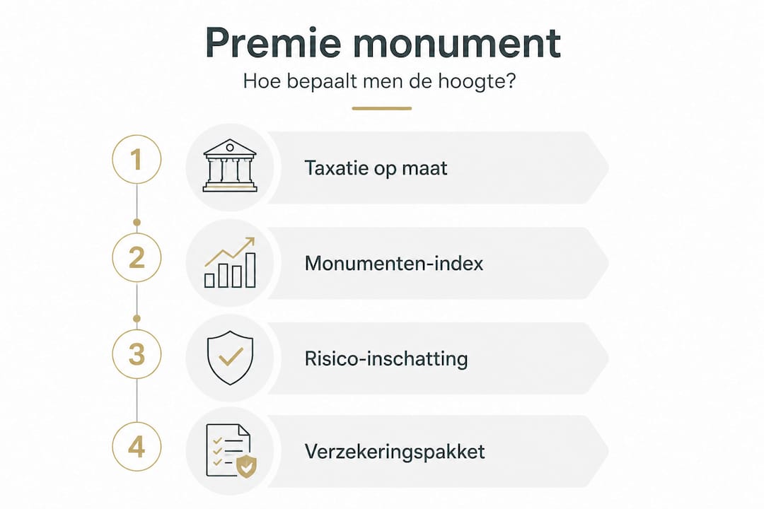 Stapsgewijze premie-opbouw voor een monumentenverzekering in een overzichtelijke infographic
