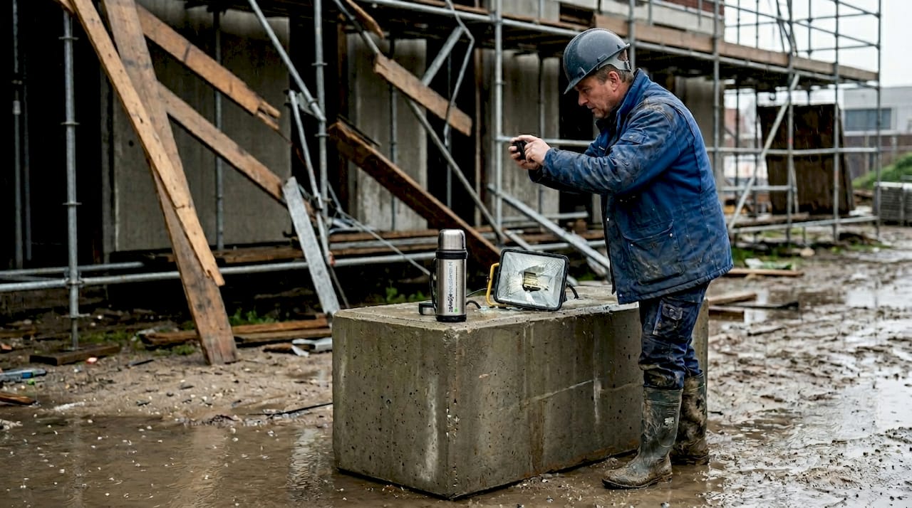 Voorman bekijkt schade aan bouwterrein na zware storm