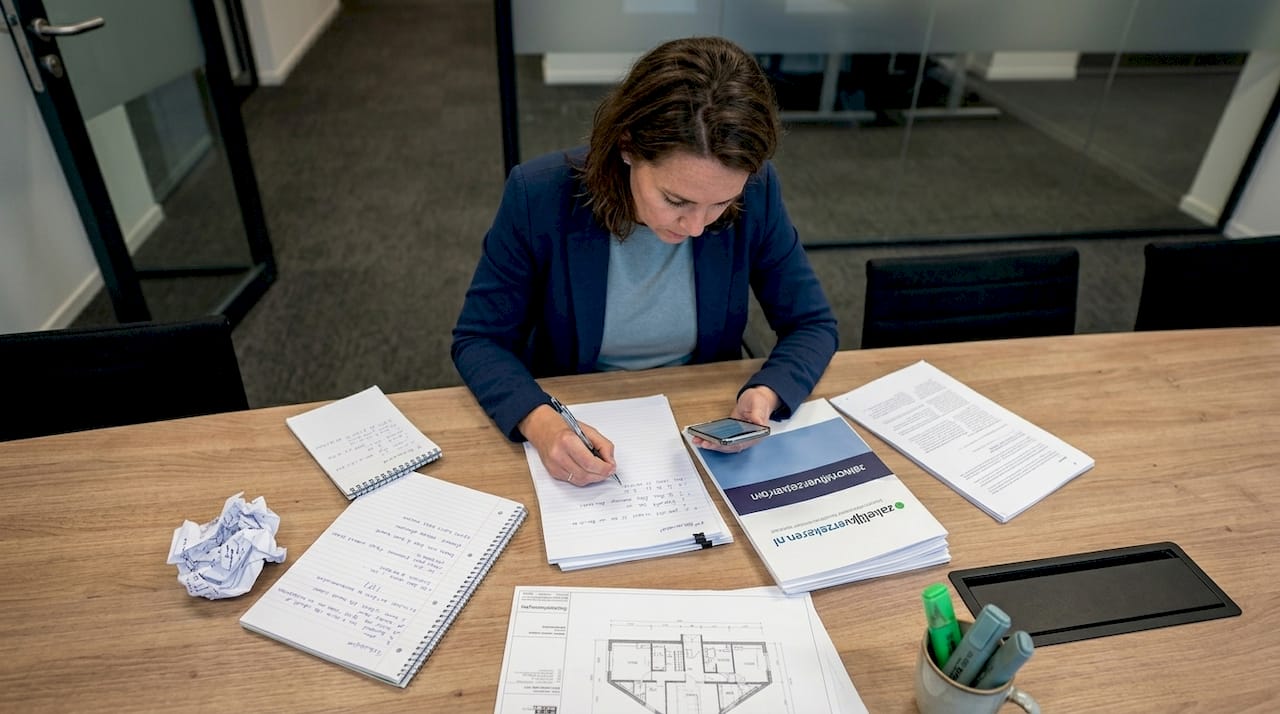 De VvE-bestuurder gaat in overleg tijdens de bespreking van het renovatierapport.