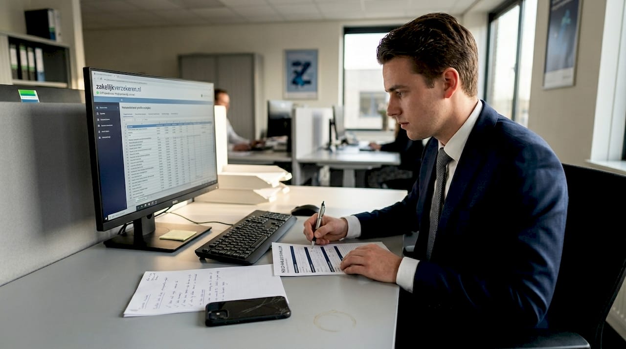 Op kantoor zit de schadebehandelaar achter zijn bureau om het premieformulier in te vullen.