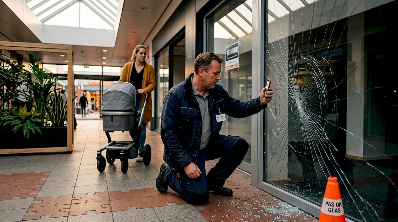 De winkelmanager legt de schade aan het raam vast met zijn camera.