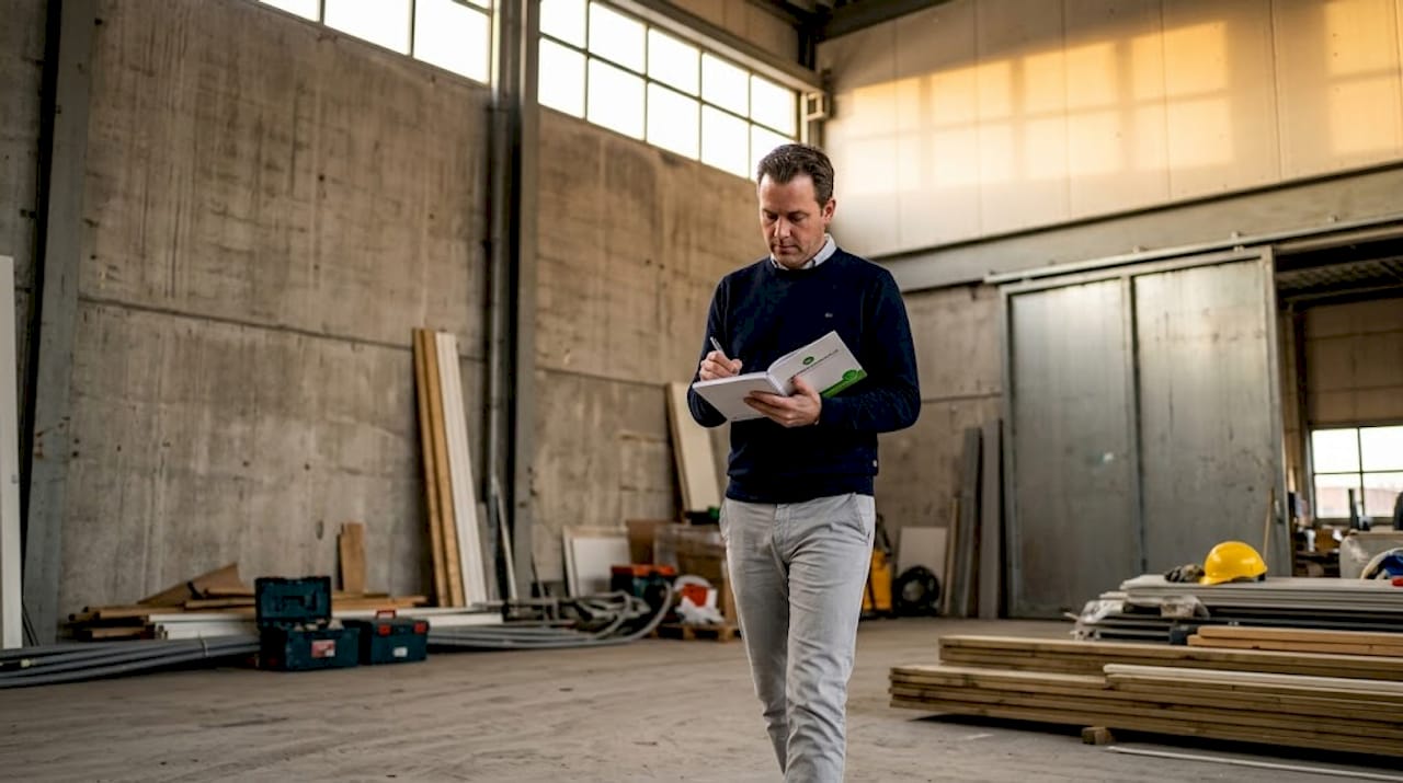 Een taxateur brengt een bezoek aan een leegstaand bedrijfspand om de marktwaarde vast te stellen.