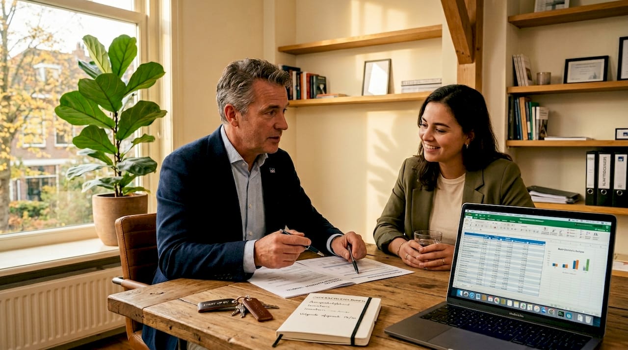 Adviseur en ondernemer overleggen over de afhandeling van een claim