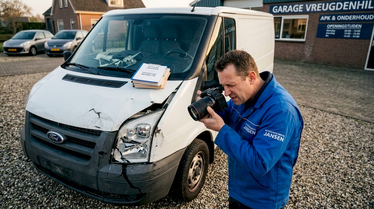 Man bekijkt schade aan zwaar beschadigde bedrijfsauto