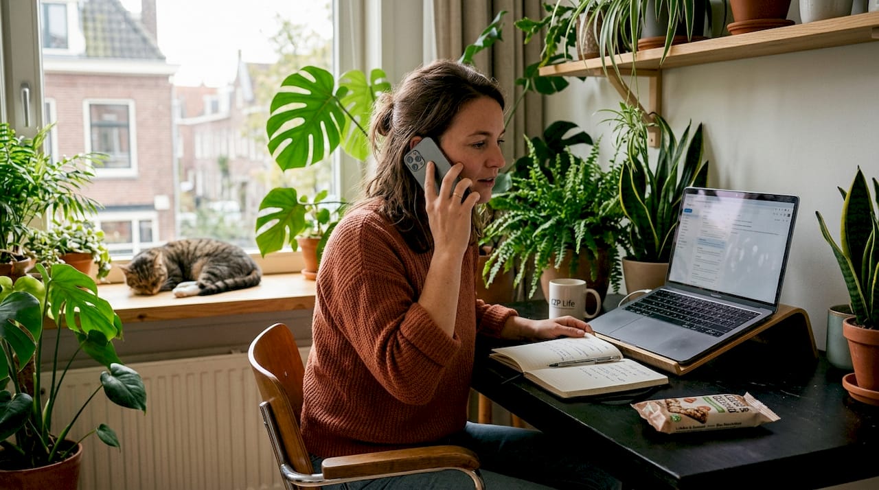 Zelfstandige werkt vanuit huis en neemt telefonisch contact op met de arbodienst