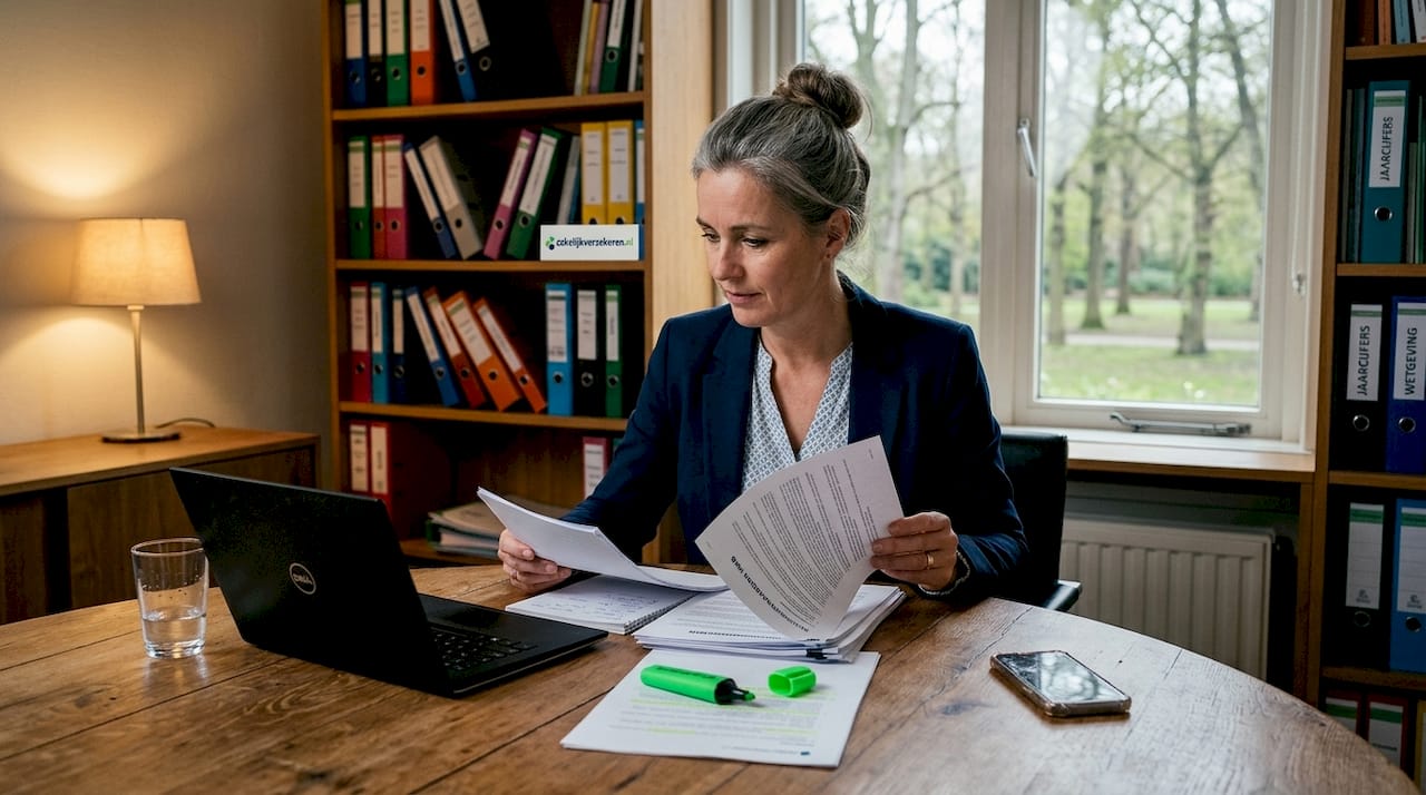 Een adviseur bekijkt polisdocumenten op zijn kantoor.