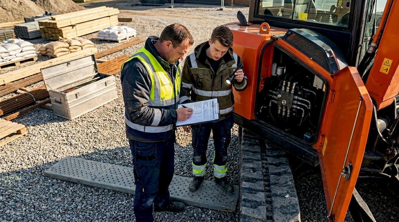 Twee mannen inspecteren samen het bouwmateriaal.