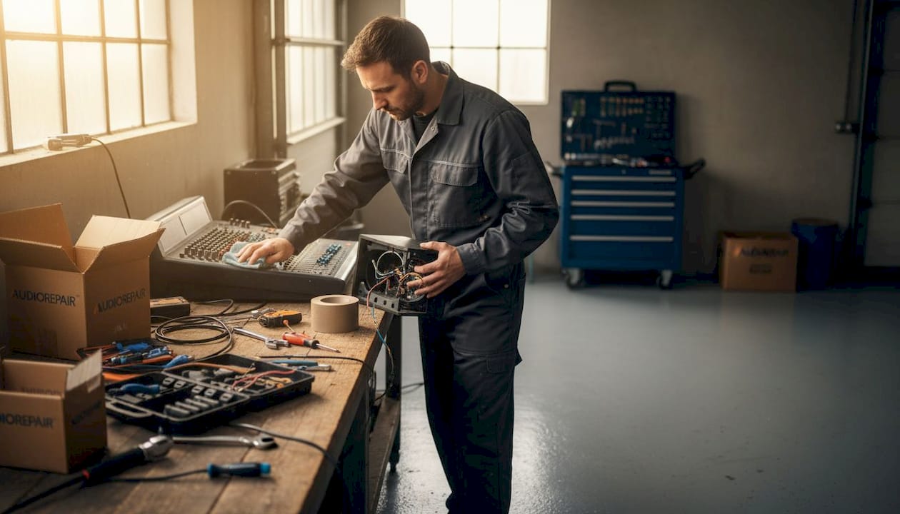 Een technicus controleert de apparatuur voor evenementen op de werkbank.
