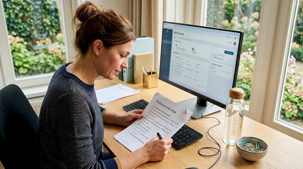 Op kantoor loopt een HR-medewerker de polisdocumenten zorgvuldig na.