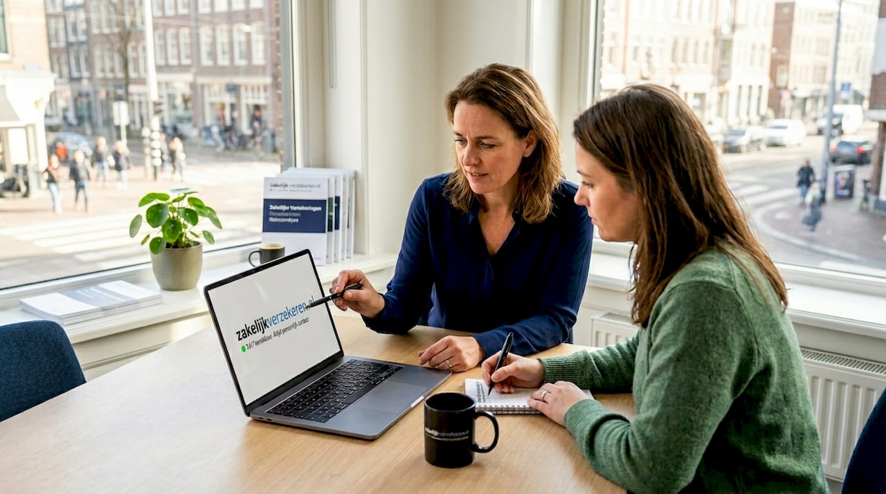 Een verzekeringsadviseur neemt samen met de klant de polis door.
