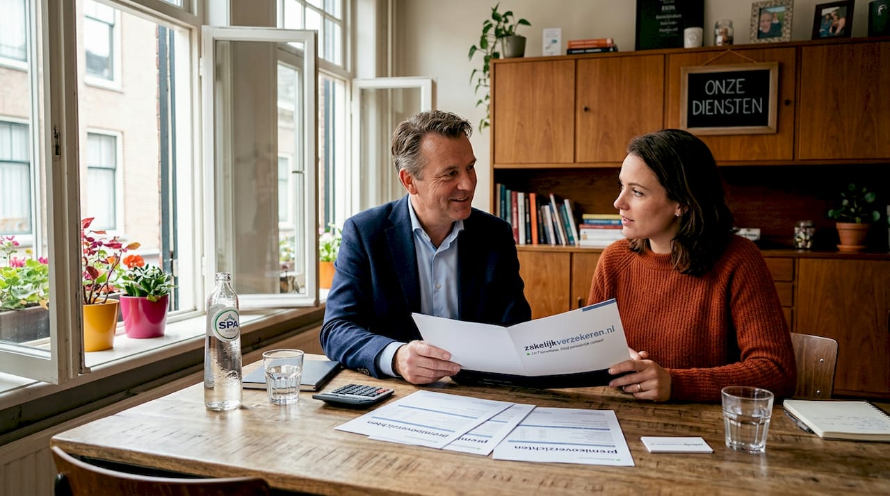 Een adviseur gaat samen met een ondernemer om tafel om de verzekeringspremies door te nemen.