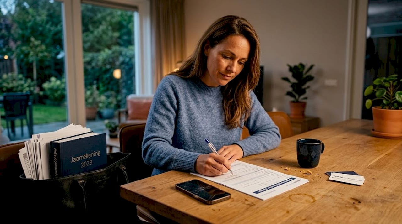 Een vrouw is bezig met het invullen van een schadeformulier voor haar opstalverzekering.