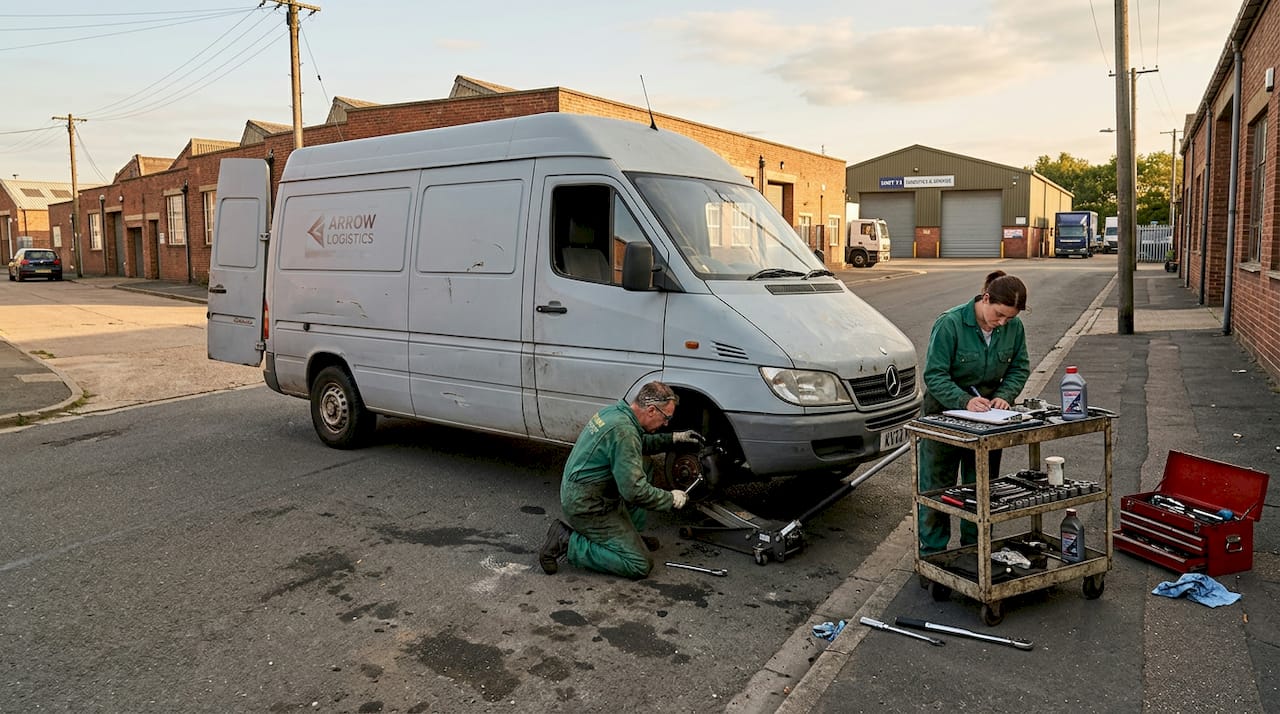 Een stilstaande vrachtwagen wordt geïnspecteerd op het depot.