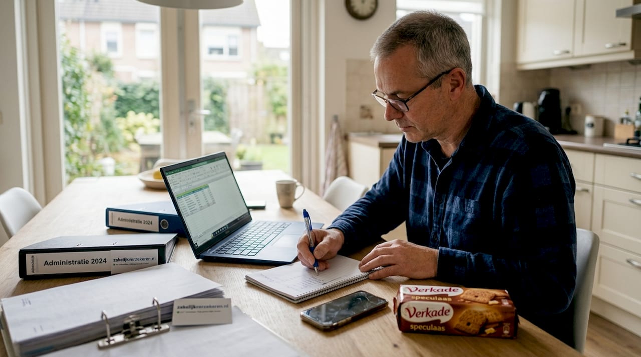 Zelfstandige werkt vanuit huis aan verzekeringsvoorstellen
