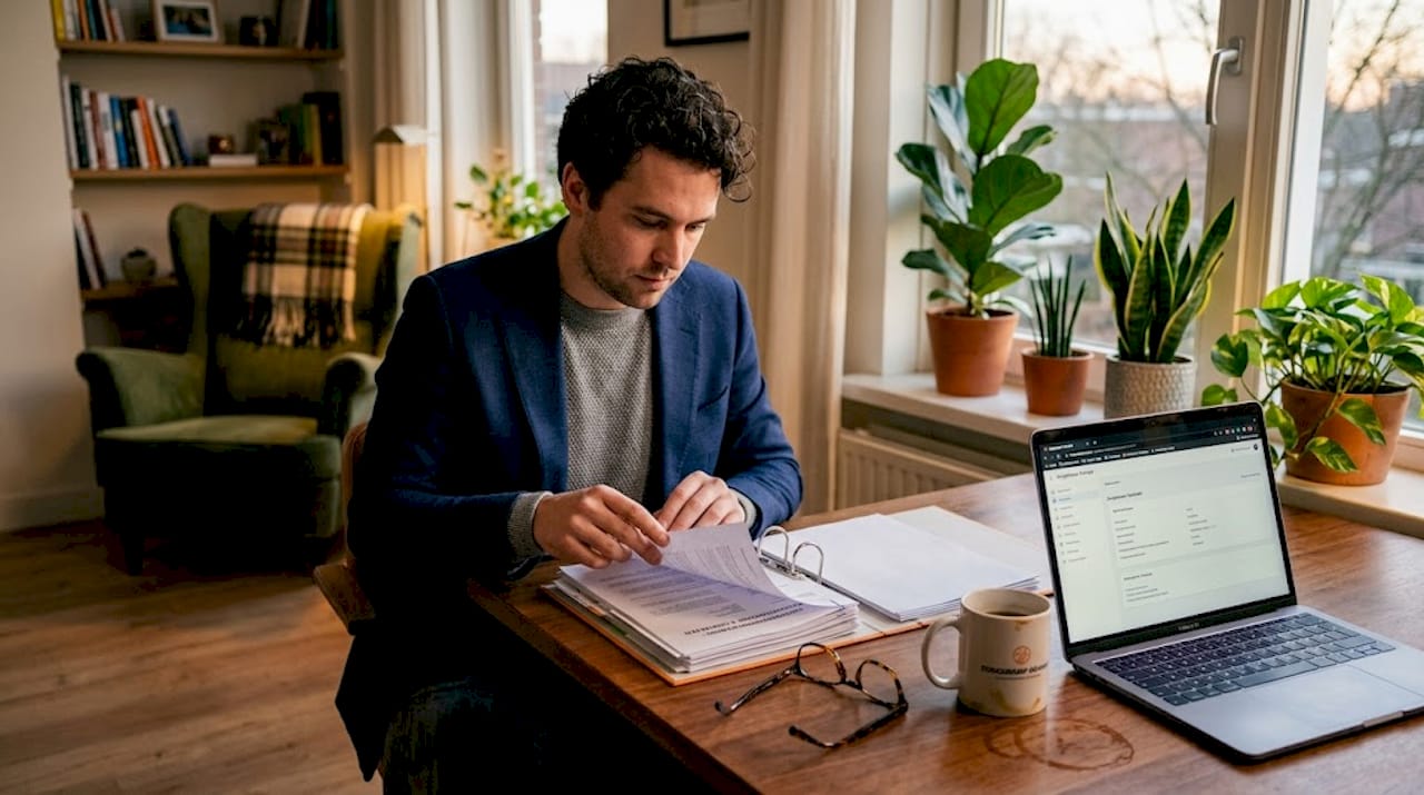 De zorgondernemer werkt zijn administratie vanuit huis bij.