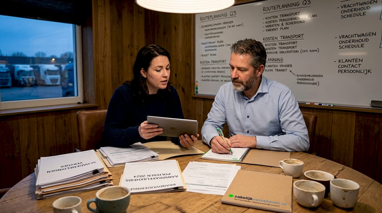 Bij het transportbedrijf leggen collega’s hun verzekeringspolissen naast elkaar om te kijken wie het beste uit is.