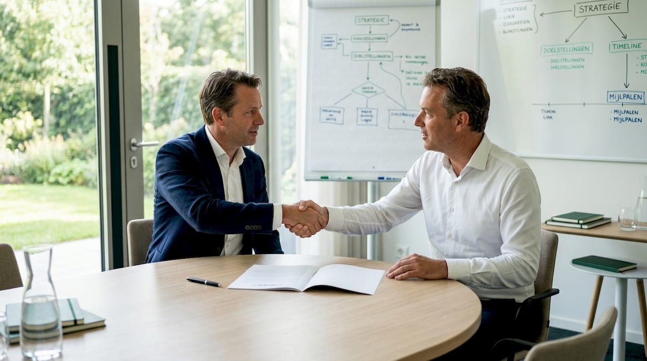 Twee zakenmannen geven elkaar een stevige handdruk na het ondertekenen van een contract.