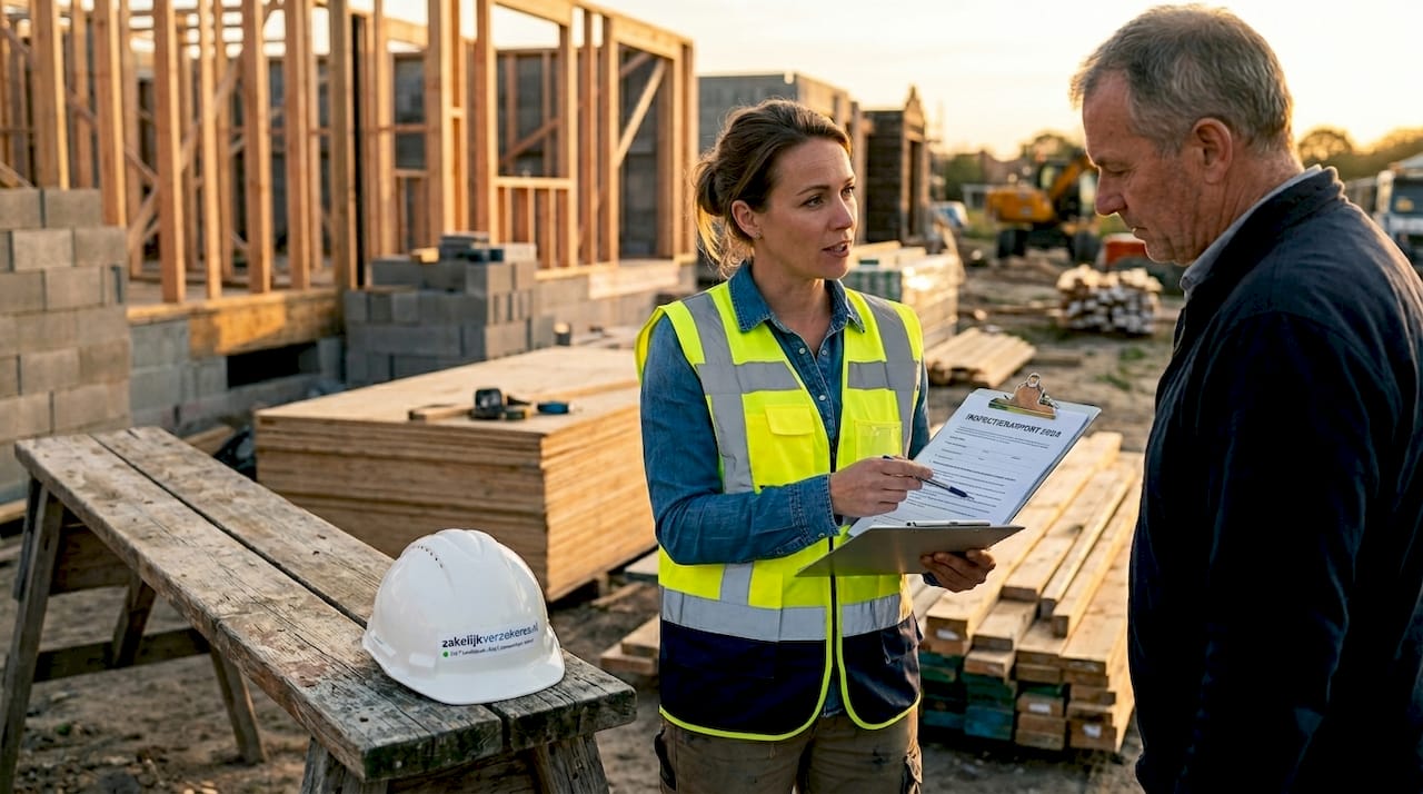 Een onderaannemer controleert de verzekeringspolissen op de bouwplaats.
