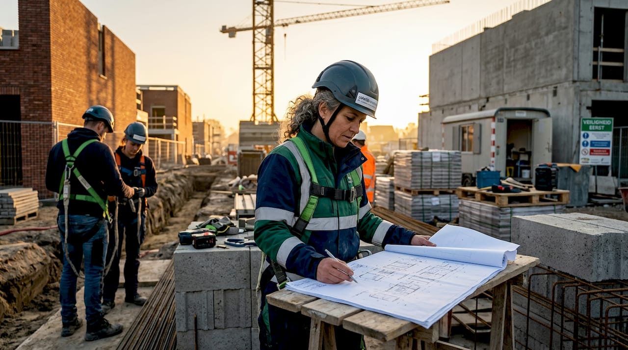 Bouwplaats waar vakmensen aan het werk zijn, allemaal voorzien van helmen en andere veiligheidsmiddelen.