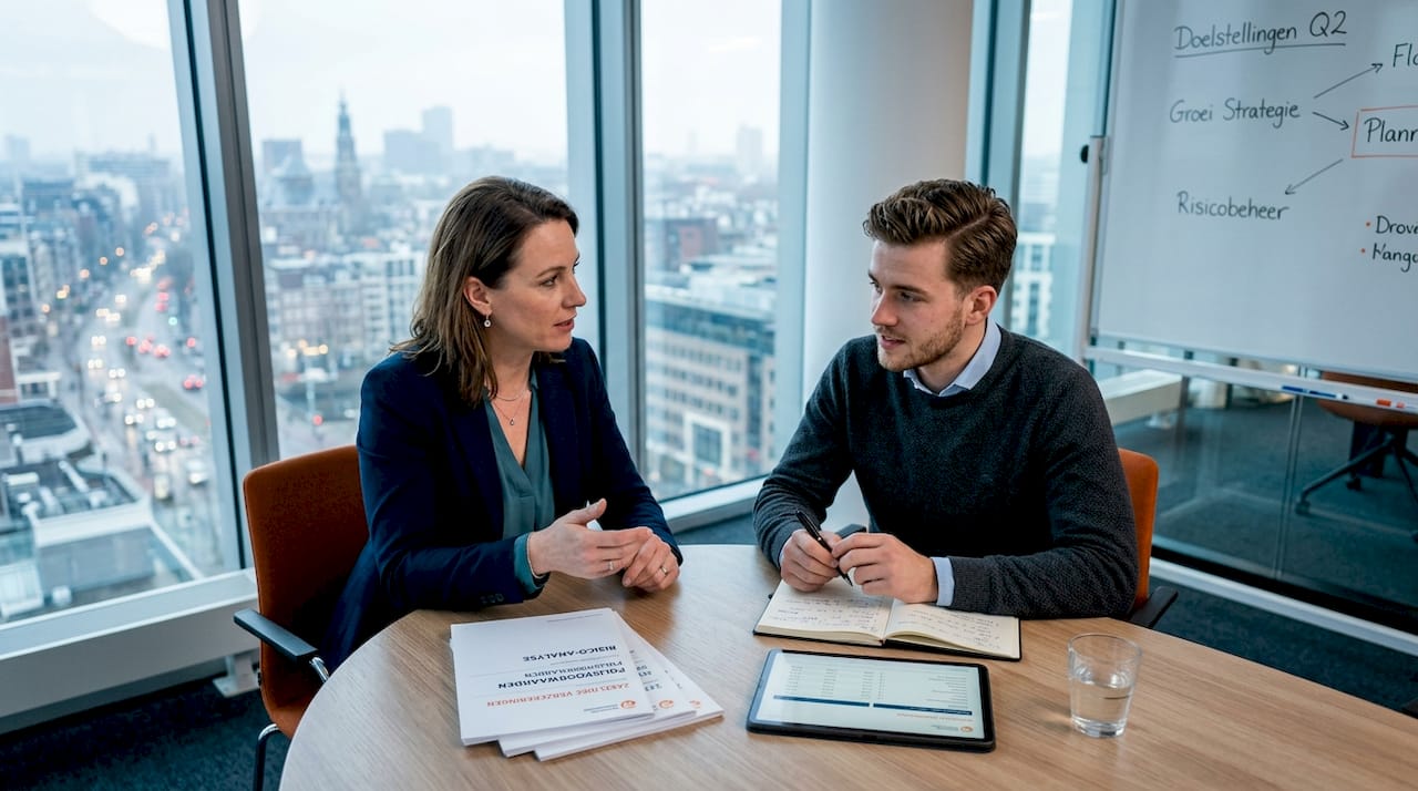 Adviesgesprek over zakelijke verzekeringen in vergaderruimte
