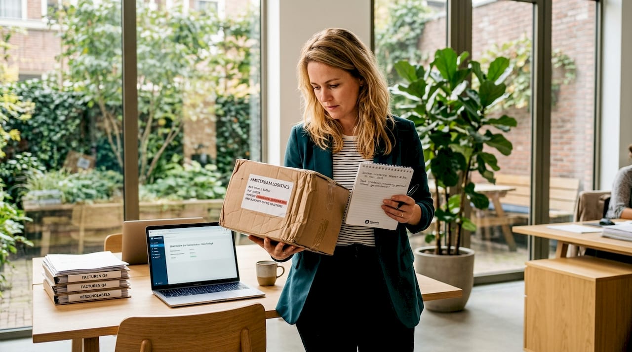 Een medewerker inspecteert de schade aan het bedrijf en aan de verpakking.