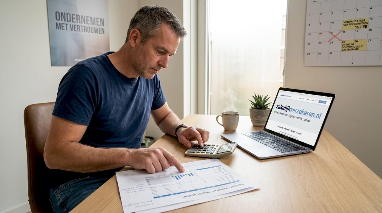 Man verdiept zich in zijn verzekeringspremies met papieren en rekenmachine op tafel.