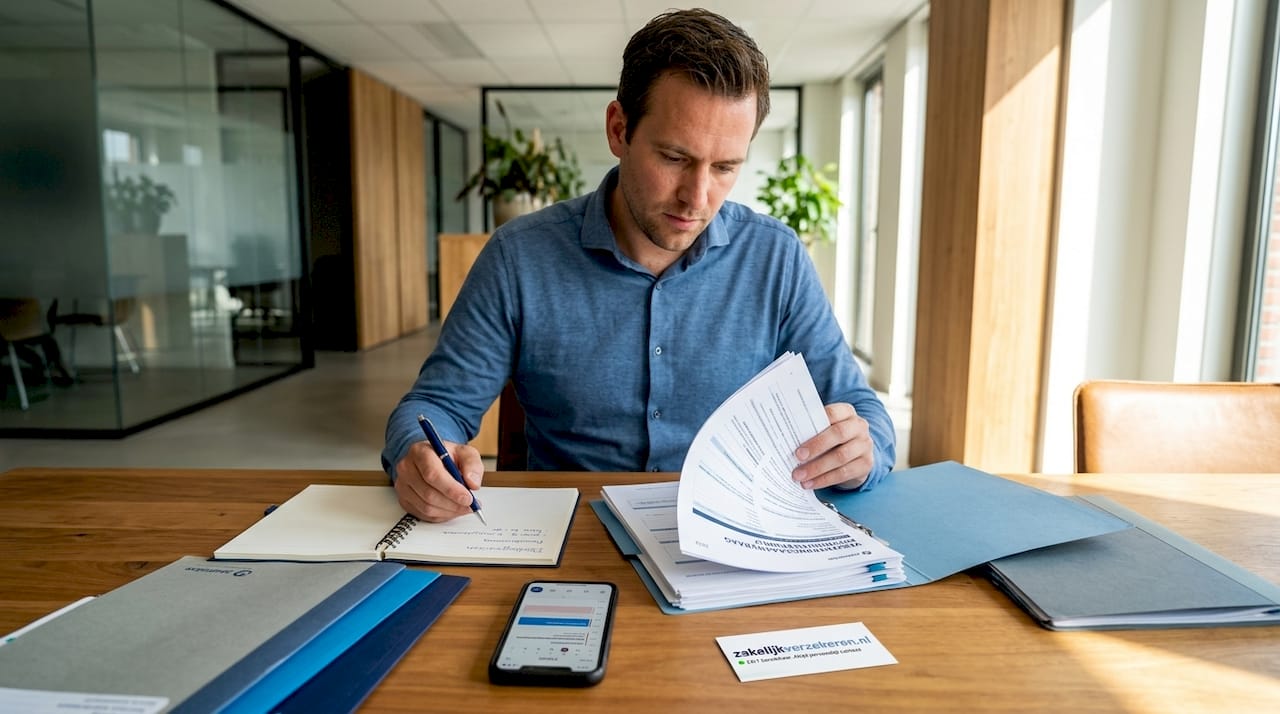 Een man is bezig met het opstellen van verzekeringspapieren voor zijn bedrijf.