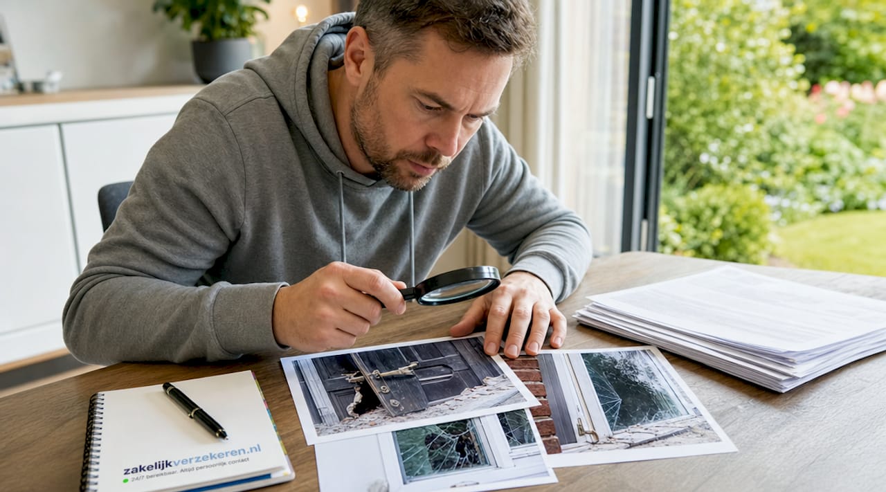 Met een vergrootglas wordt nauwkeurig naar de schadefoto's gekeken