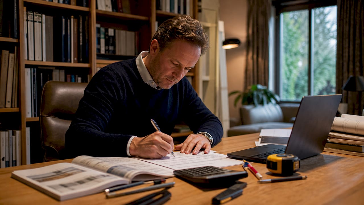 Op kantoor stelt een medewerker de herbouwwaarde vast.