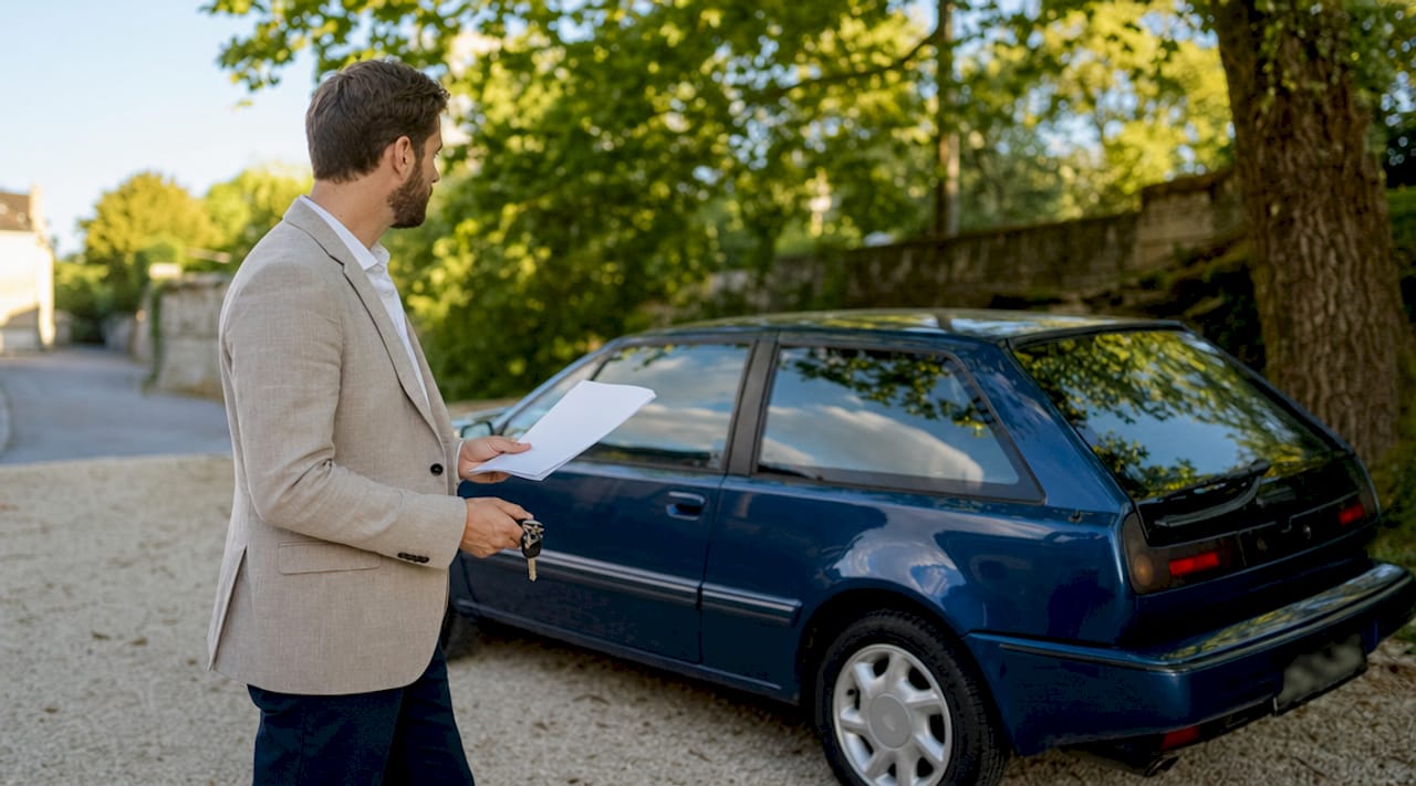 Een stel handen houdt een taxatierapport en autosleutels vast naast een prachtige youngtimer.