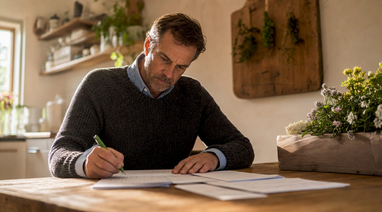 Een ondernemer werkt op kantoor aan het opstellen van verzekeringspapieren.