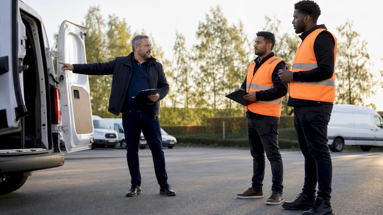 De wagenparkbeheerder geeft uitleg en aanwijzingen aan de chauffeurs.