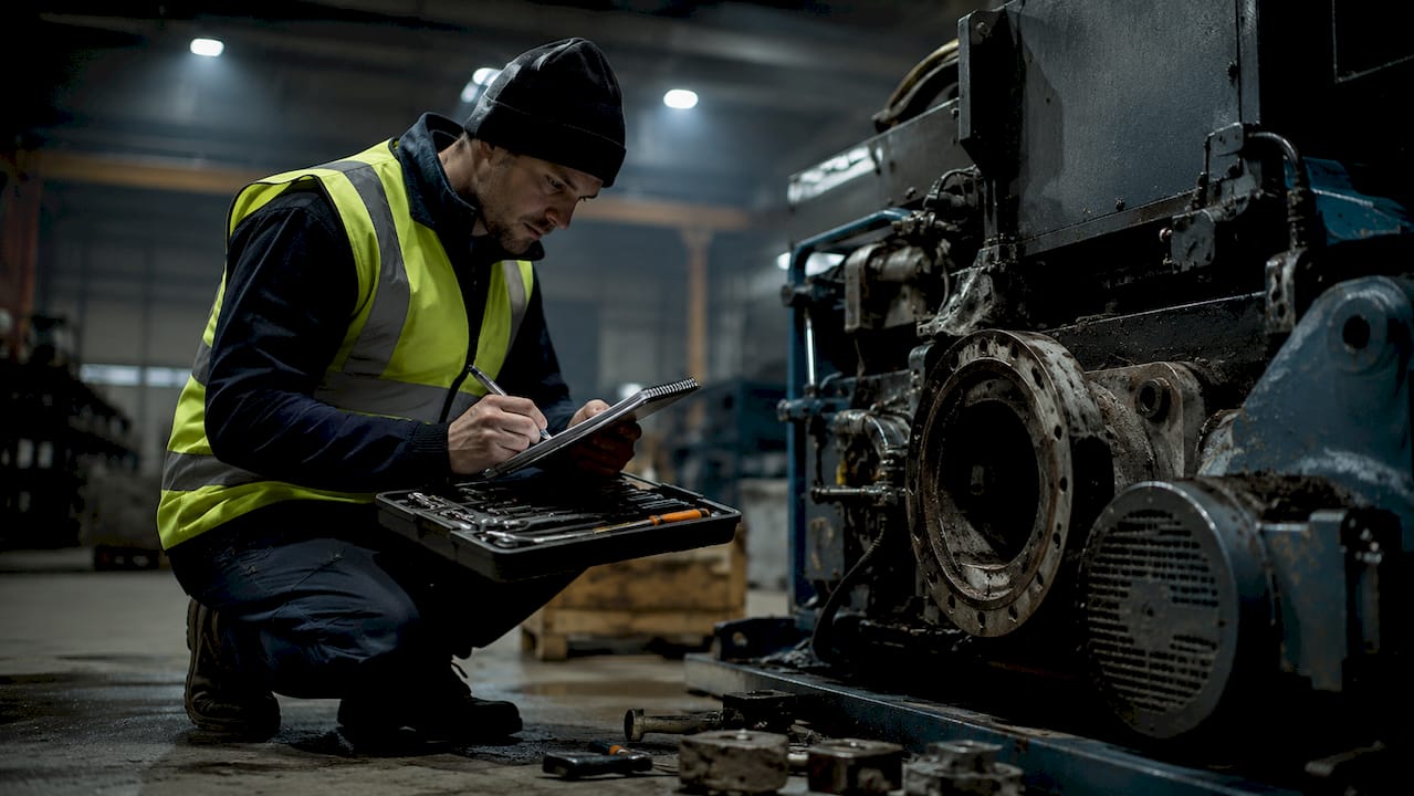 Een technisch specialist bekijkt de kapotte machine om te achterhalen wat er mis is.