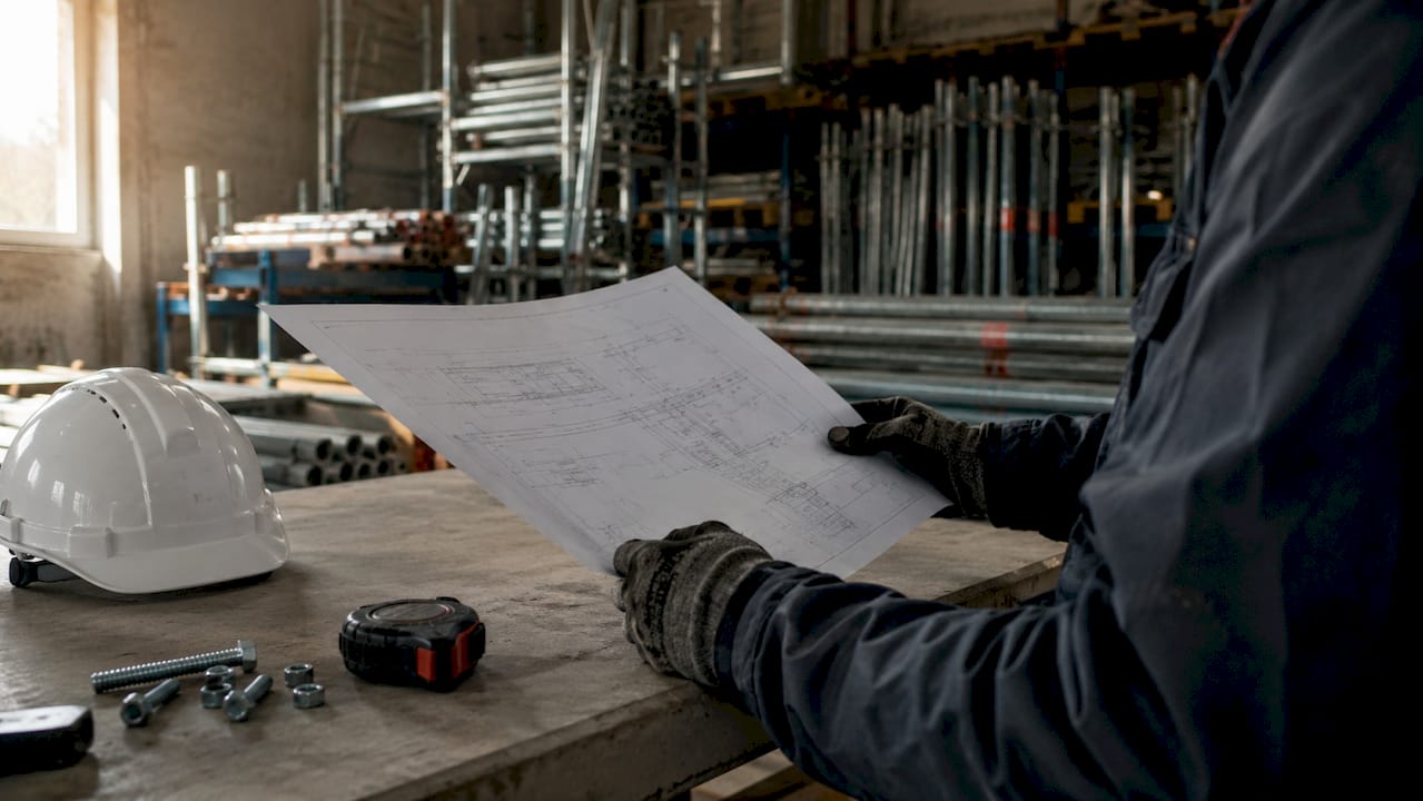 Een installateur aan het werk met een bouwtekening en zijn gereedschap bij de hand.