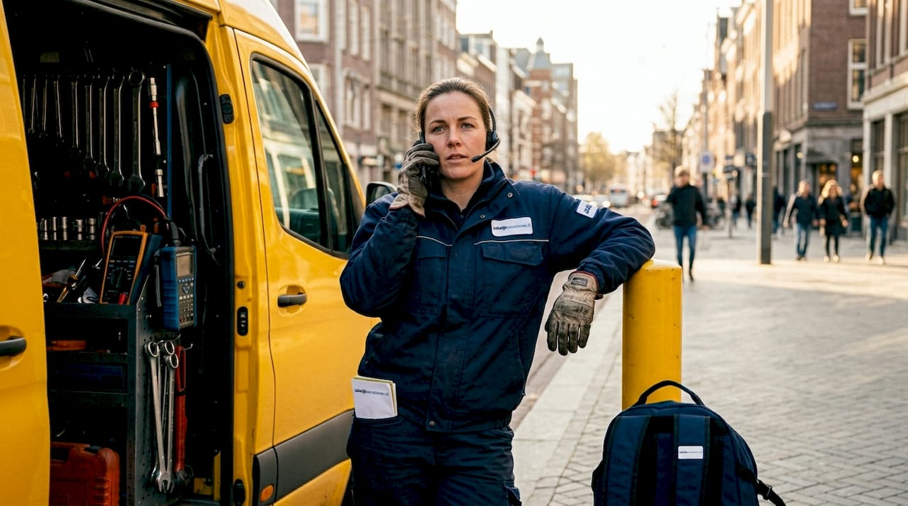 Een monteur schakelt de pechhulp in nadat zijn bestelbus stilvalt.