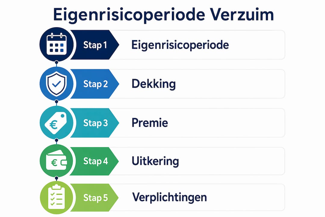 Overzichtelijke infographic: vijf heldere stappen over de eigenrisicoperiode en wat een verzuimverzekering wel en niet dekt.