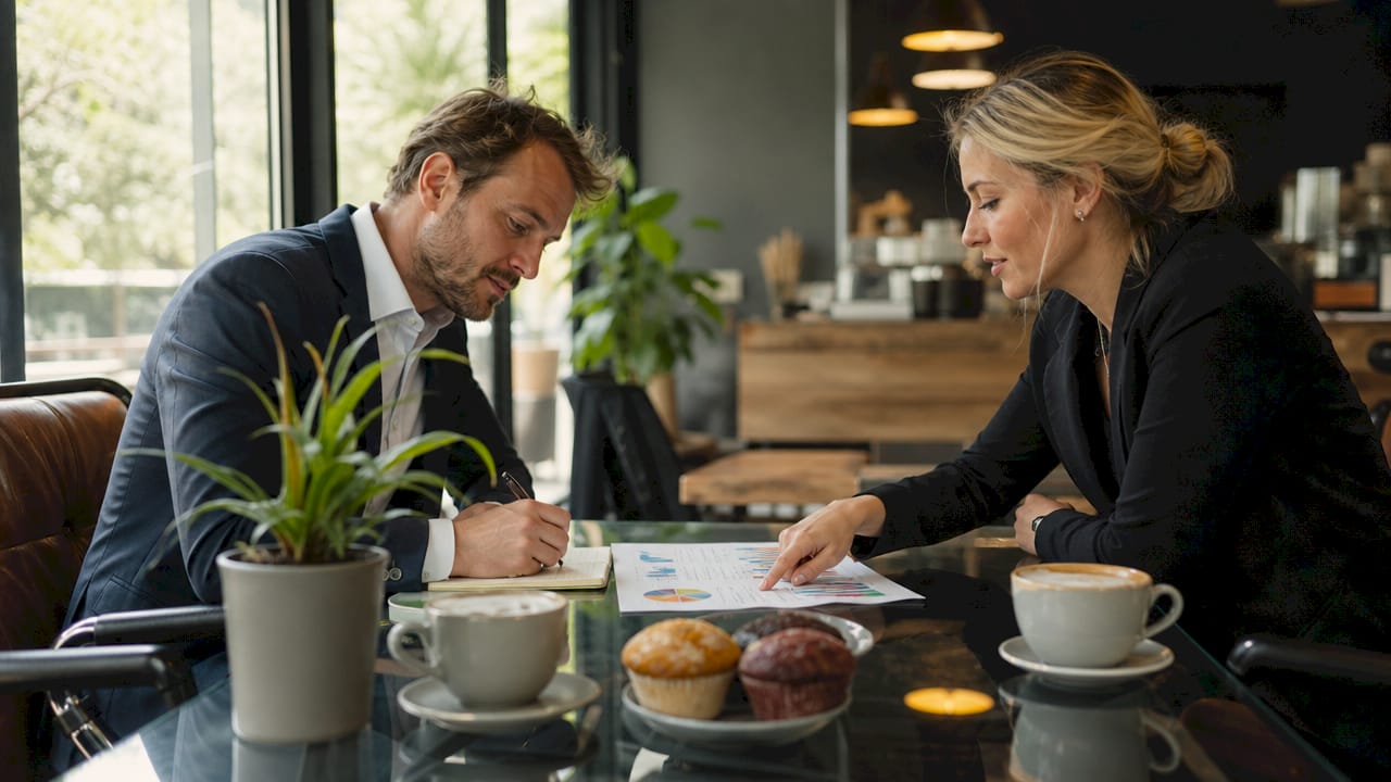 Ondernemers in gesprek over de provisie van een verzekeringsadviseur.